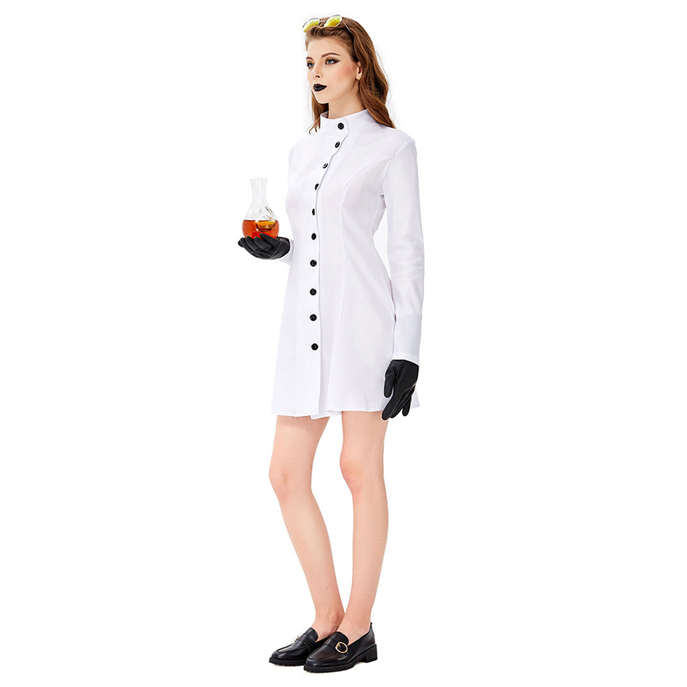 Halloween Vestido Corto Blanco de Laboratorio Cosplay Vestido de Manga Larga para Adultos Femenino