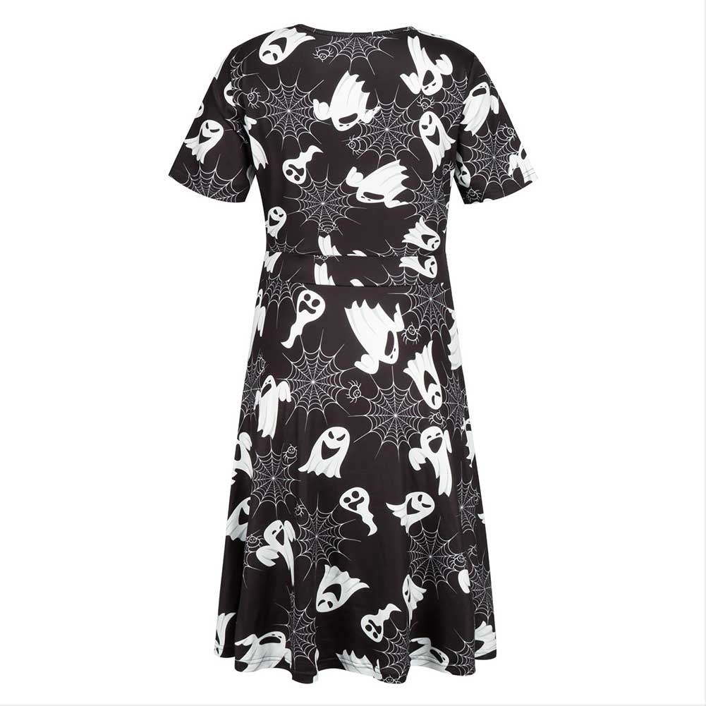 Halloween Disfraz Vestido de Manga Corta Estampada de Fantasma Vestido para Adultos Femenino