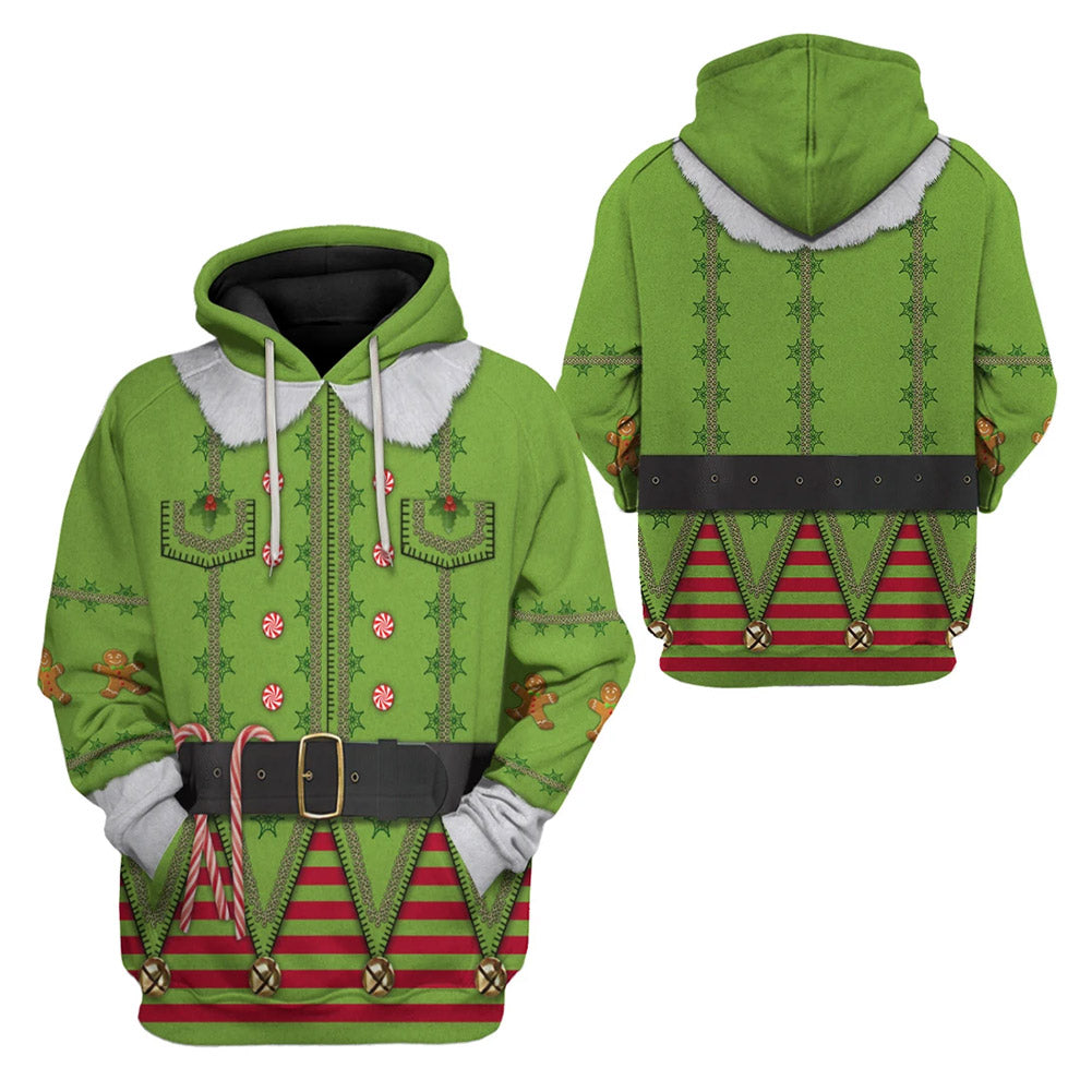 Navidad Christmas Sudadera Estampada con Capucha Duende Navideño Cosplay Ropa Casual Unisex