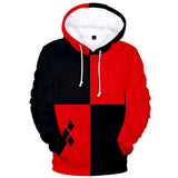 Harley Quinn Cosplay Sudadera con Capucha Roja y Negra para Adultos Unisex