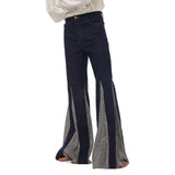 1970s Retro Vintage Disco Cintura Media Parte Inferior de Campana Pantalones Largos Retazos Jazz Baile
