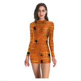 Halloween Disfraz Vestido Corto Manga Larga de Telarañas de Color Naranja para Adultos Femenino