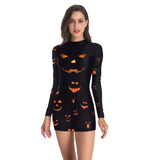 Halloween Calabaza Cara Sonriente Vestido Corto de Manga Larga para Adultos Femenino