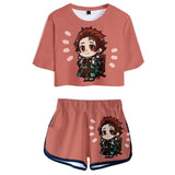 Demon Slayer: Kimetsu no Yaiba Cosplay Top y Pantalones Cortos Kamado Tanjirou Ropa Casual de Verano 2 Piezas para Femenino